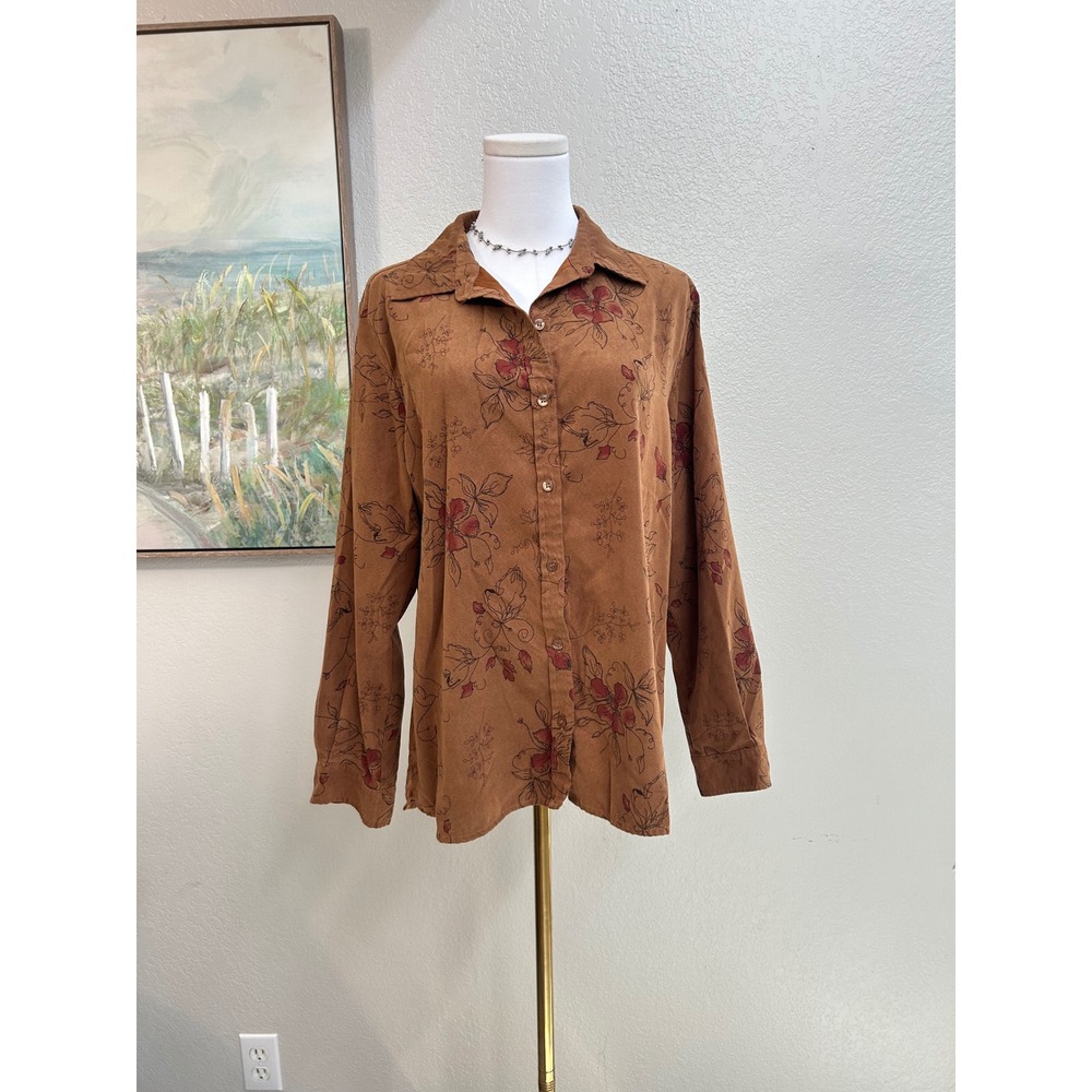 White Stag Brown Floral Button Up Blouse Cottagecore Suede Like Siz M